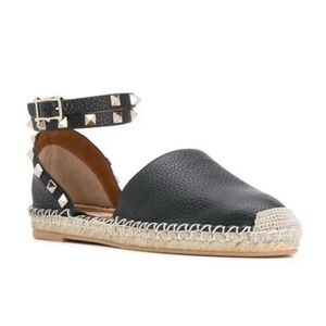 Valentino Garavani Rockstud Espadrille Sandals Leather Wrap Ankle Black Size 35